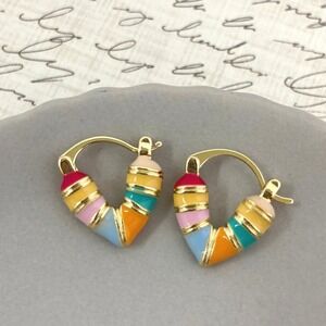 Multi Color Enamel Stripe‎ Heart Gold Tone Huggie Hoop Earrings